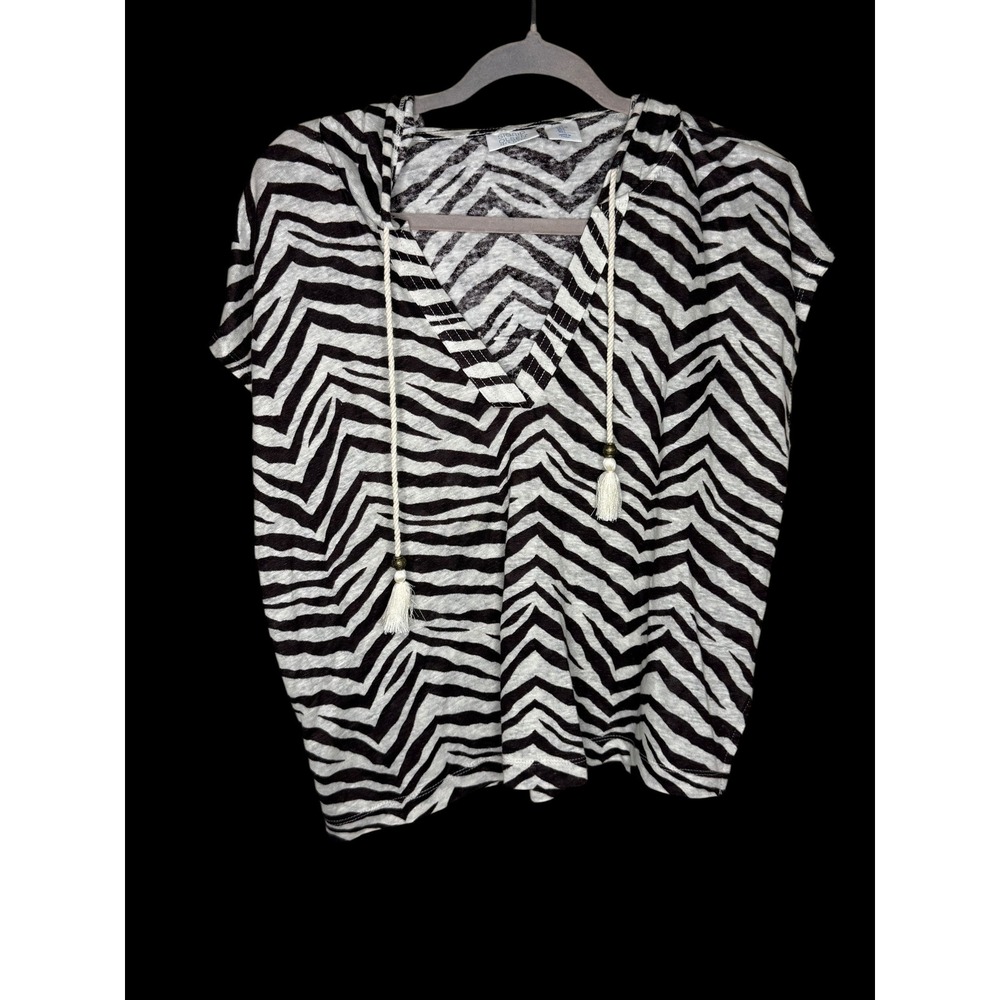 Sigrid Olsen Zebra Print 100% Linen Hooded V-Neck Tassel Top Brown White L